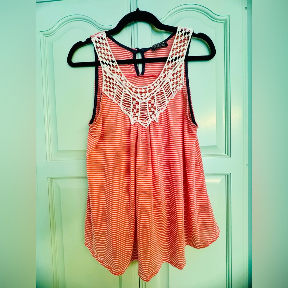 Papermoon Coral and White Striped Tank Top with Lace